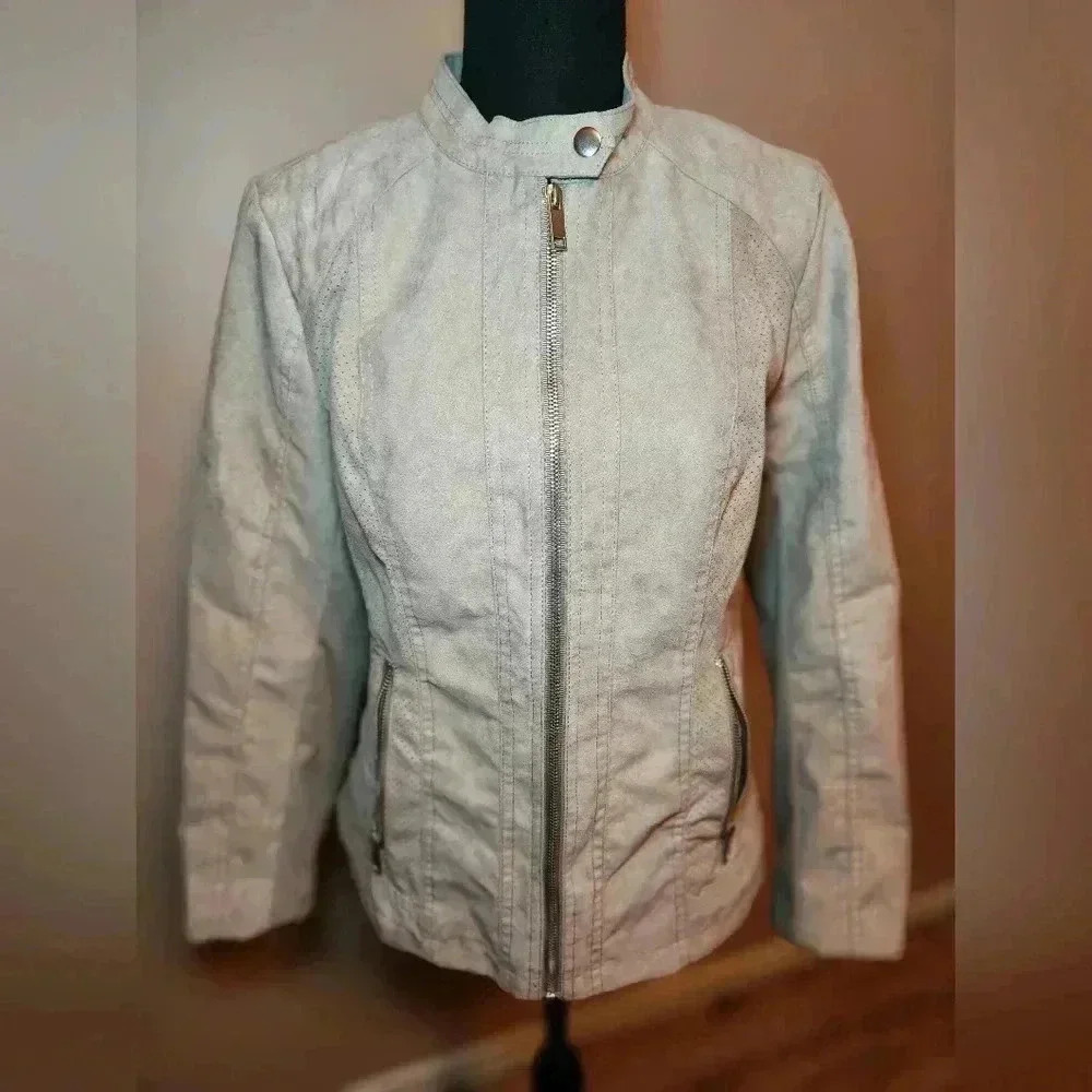 Valerie Stevens Womens Sz M Biker Jacket Beige Crew Neck Full Zip Faux Suede EUC